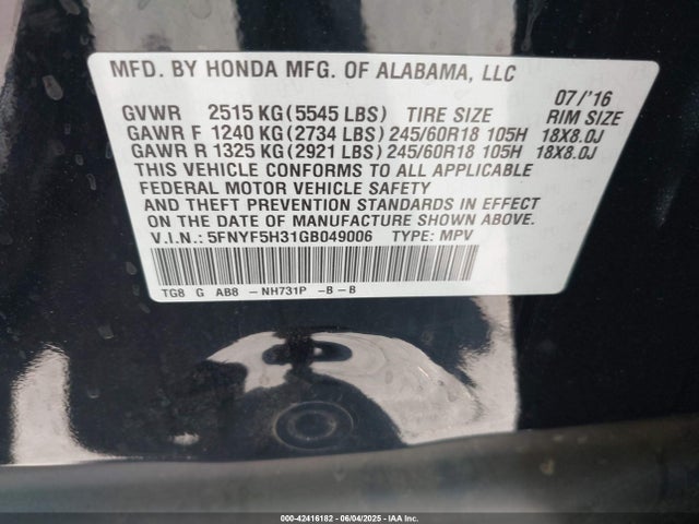 5FNYF5H31GB049006 Honda j35y6