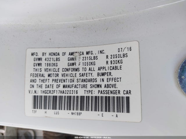 1HGCR2F17HA020316 Honda k24w1
