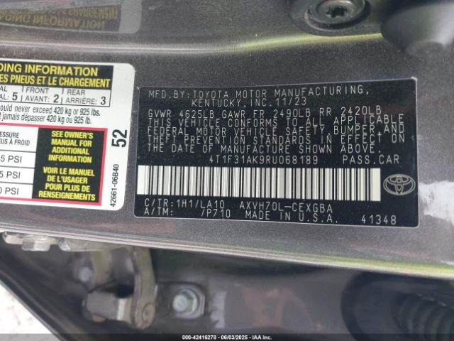 4T1F31AK9RU068189 Toyota Camry Hybrid Xle