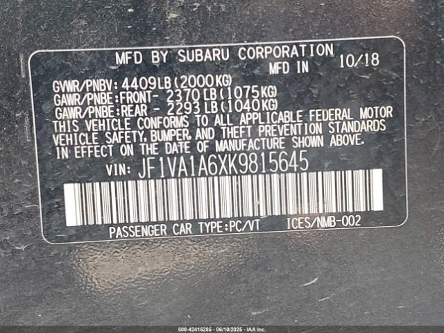 2019 SUBARU WRX JF1VA1A6XK9815645 Photo 8
