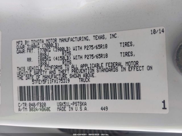 5TFEY5F11FX175319 Toyota Tundra Sr5 5.7l V8