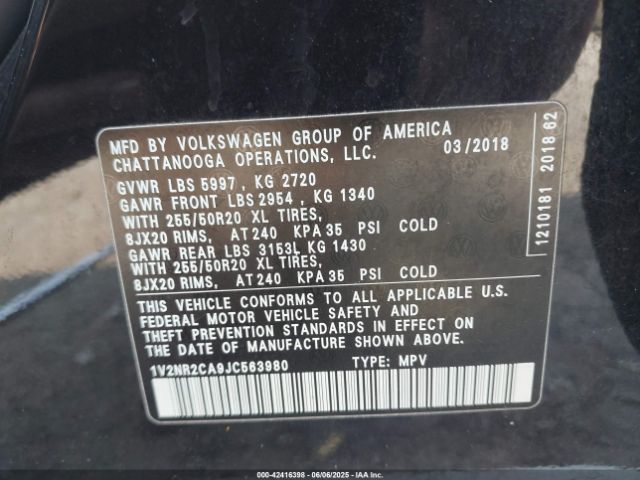 1V2NR2CA9JC563980 Volkswagen 2018