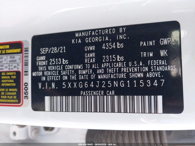 5XXG64J25NG115347 KIA t-gdi gamma ii