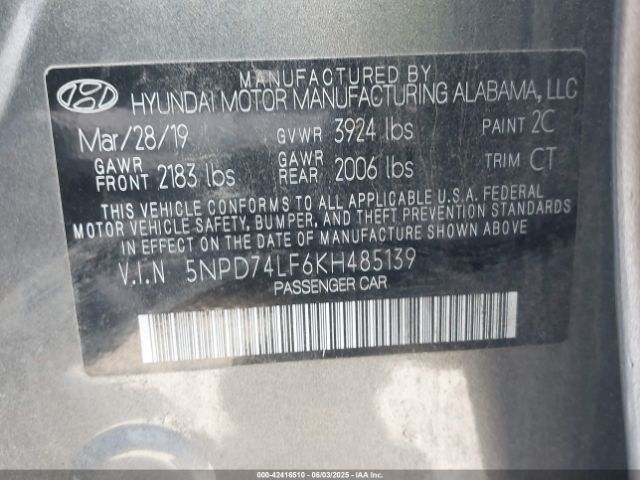 5NPD74LF6KH485139 Hyundai ELANTRA SE