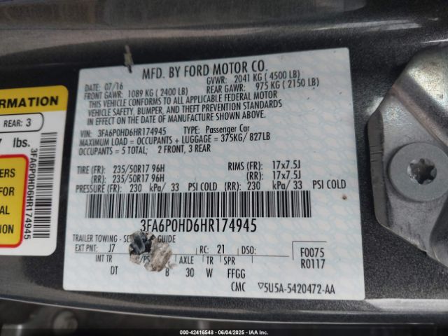 3FA6P0HD6HR174945 Ford FUSION SE