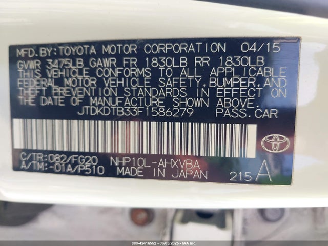 Toyota 1nz-fxe+1lm 2015 JTDKDTB33F1586279 Image 9
