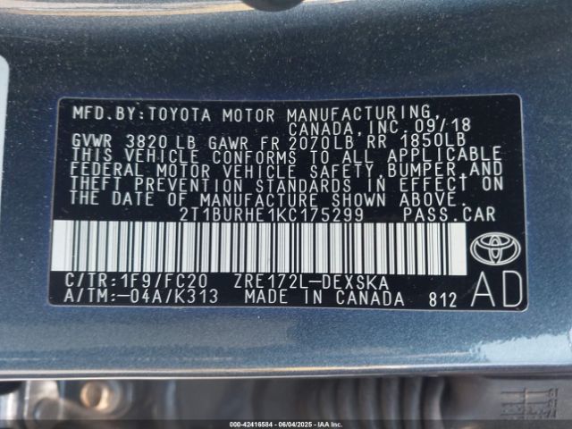 2T1BURHE1KC175299 Toyota COROLLA SE