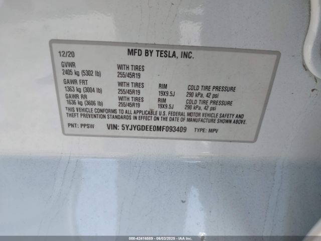 2021 TESLA MODEL Y 5YJYGDEE0MF093409 Photo 8