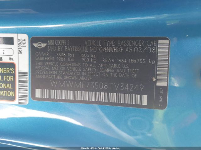 2008 MINI COOPER S WMWMF73508TV34249 Photo 8