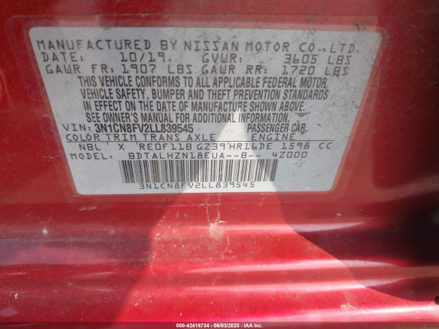 Nissan Versa Sr Xtronic Cvt 2020 3N1CN8FV2LL839545 Image 9