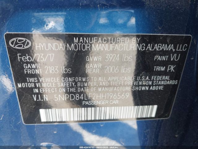 5NPD84LF2HH196569 Hyundai 2017