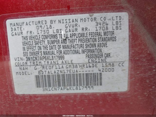 2019 NISSAN VERSA 3N1CN7AP6KL817999 Photo 8