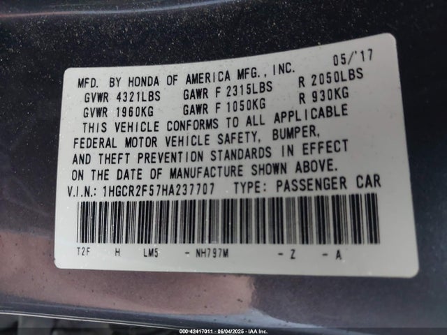 1HGCR2F57HA237707 Honda k24w1