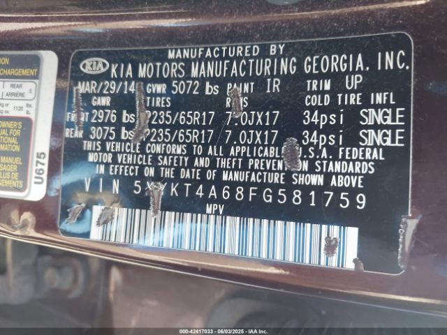 5XYKT4A68FG581759 KIA SORENTO LX