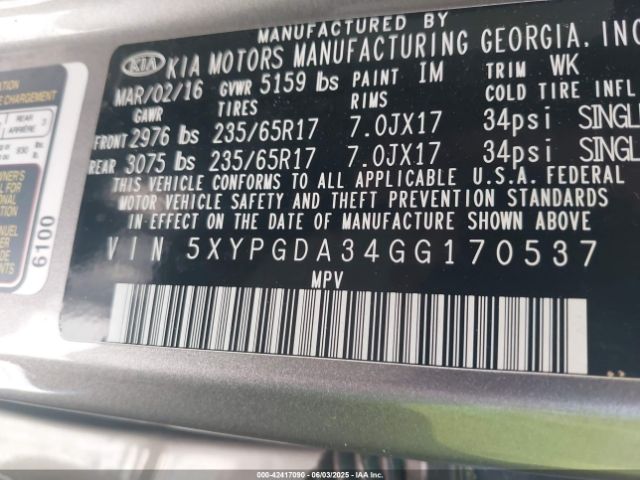 5XYPGDA34GG170537 KIA Sorento 2.4l Lx