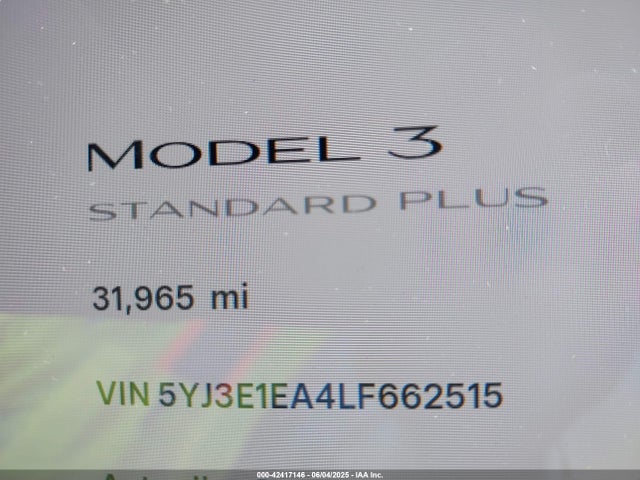 5YJ3E1EA4LF662515 Tesla Model 3 Standard Range Plus Rear-wheel Drive/standard Range Rear-wheel Drive