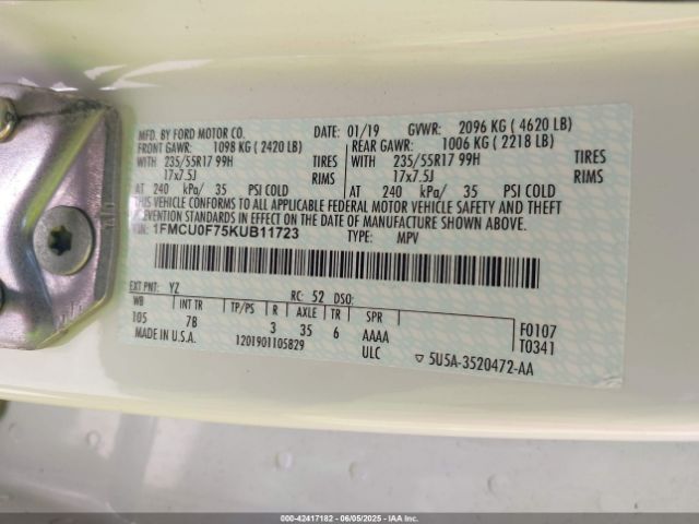 1FMCU0F75KUB11723 Ford ESCAPE S