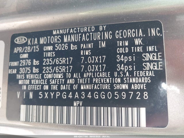 5XYPG4A34GG059728 KIA Sorento 2.4l Lx