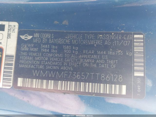 2007 MINI COOPER S WMWMF73557TT86128 Photo 8