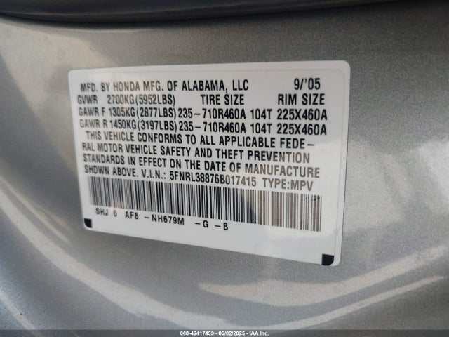 2006 Honda Odyssey Touring მანქანა იყიდება აუქციონზე, vin: 5FNRL38876B017415, აუქციონის ნომერი: 42417439