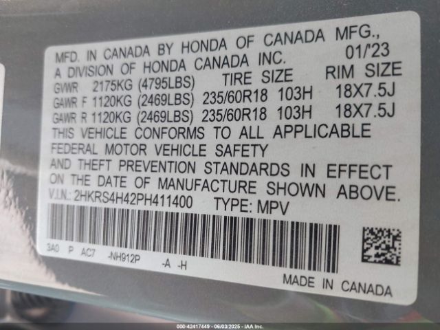 2HKRS4H42PH411400 Honda CR-V EX