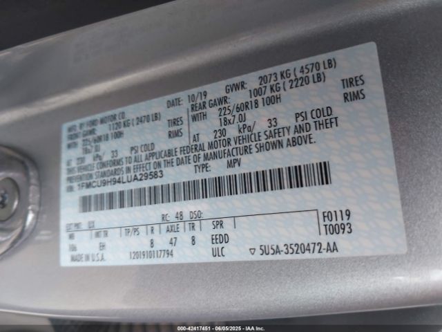 1FMCU9H94LUA29583 Ford ESCAPE SEL