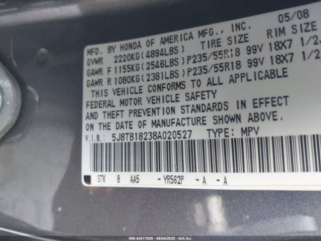 2008 ACURA RDX 5J8TB18238A020527 Photo 8