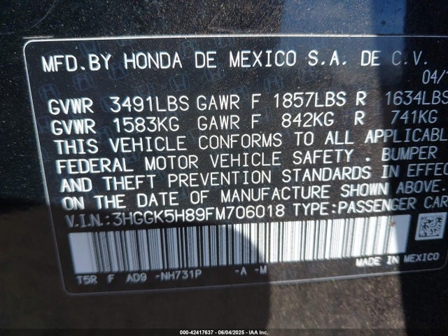 3HGGK5H89FM706018 Honda l15b1
