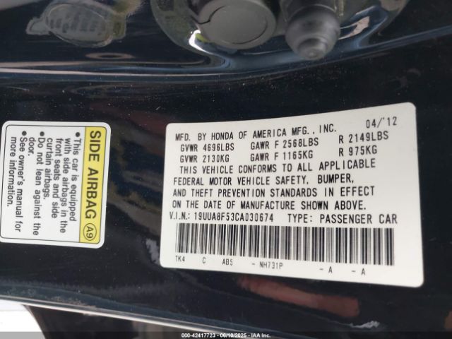 2012 ACURA TL 19UUA8F53CA030674 Photo 8