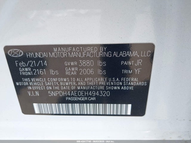 5NPDH4AE0EH494320 Hyundai dohc mpi nu