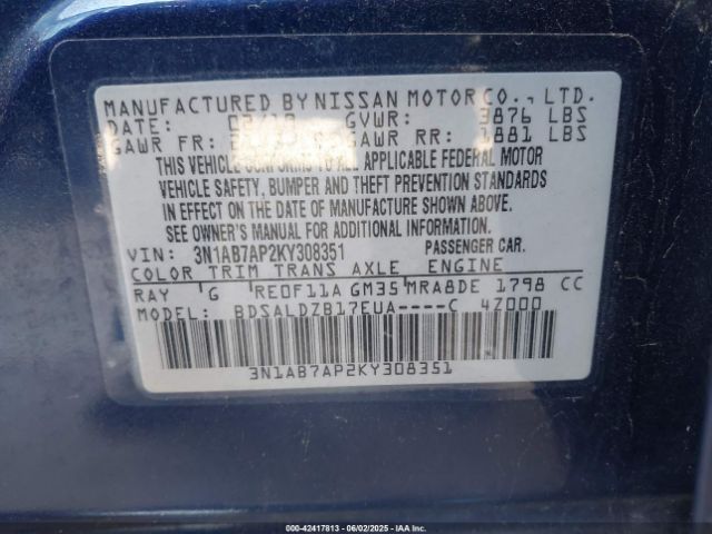 3N1AB7AP2KY308351 Nissan SENTRA SV