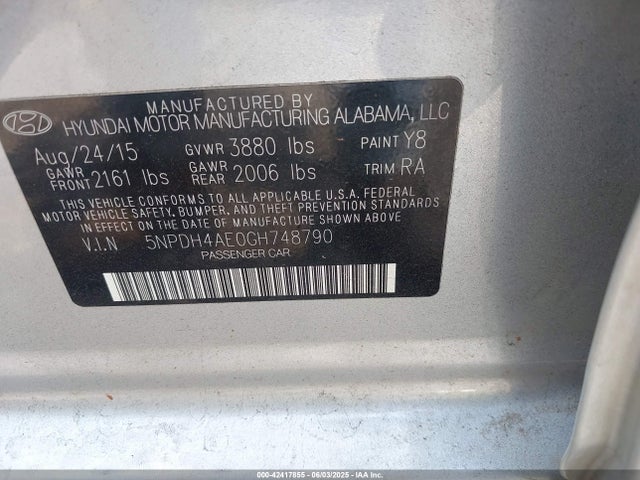5NPDH4AE0GH748790 Hyundai dohc mpi nu