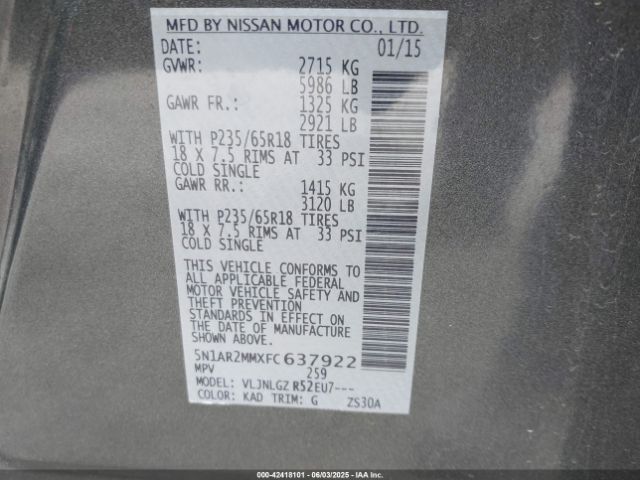 5N1AR2MMXFC637922 Nissan Pathfinder Sl
