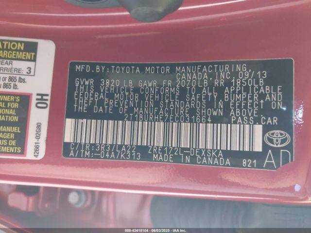 2T1BURHE7EC031664 Toyota Corolla S Premium
