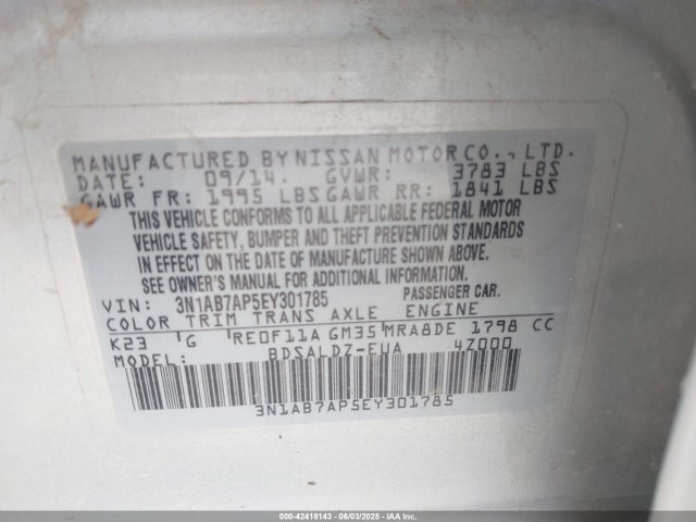 3N1AB7AP5EY301785 Nissan SENTRA SV