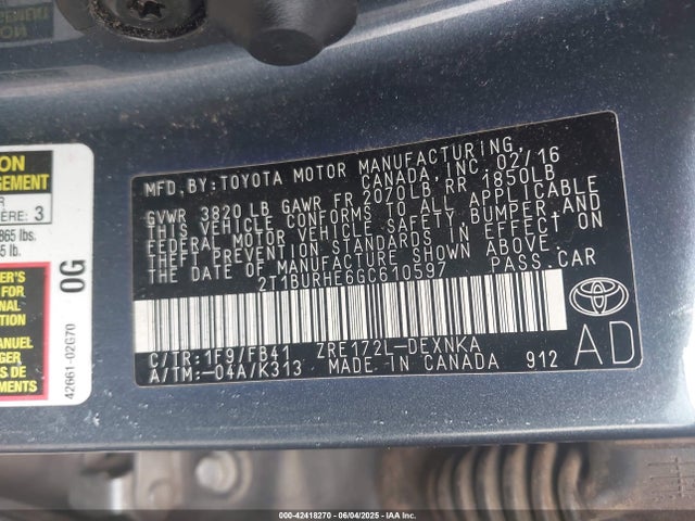 2T1BURHE6GC610597 Toyota 2zr-fe