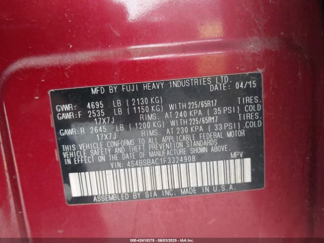 4S4BSBAC1F3324908 Subaru Outback 2.5i