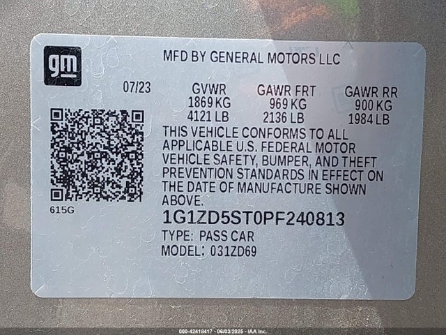 1G1ZD5ST0PF240813 Chevrolet Malibu Fwd 1lt