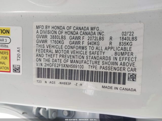 2HGFE2F5XNH569100 Honda k20c2