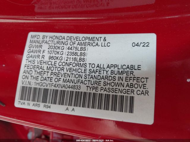 2022 HONDA ACCORD 1HGCV1F4XNA044833 Photo 8
