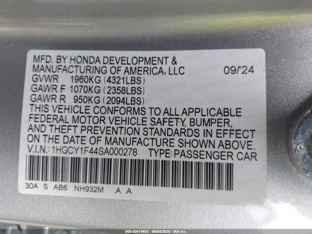1HGCY1F44SA000278 Honda l15be