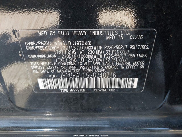 JF2GPALC5G8248716 Subaru naturally aspirated