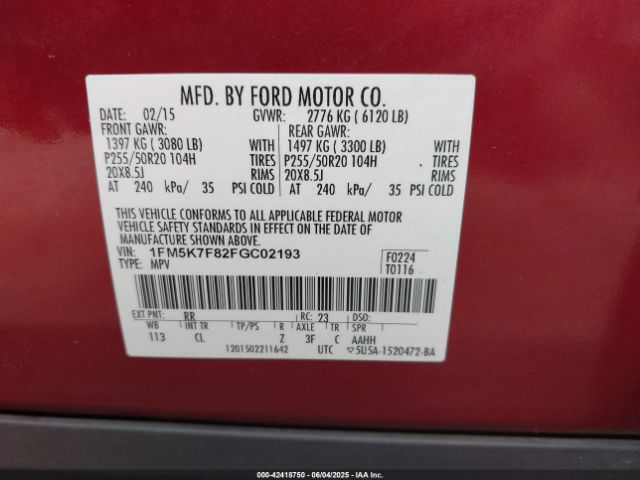 1FM5K7F82FGC02193 Ford Explorer Limited