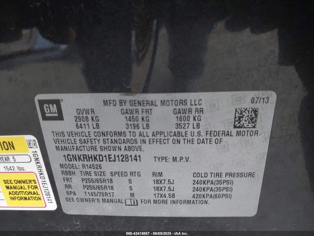 1GNKRHKD1EJ128141 Chevrolet llt