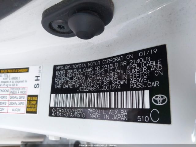 JTDEBRBE2LJ001274 Toyota Corolla Hybrid Le