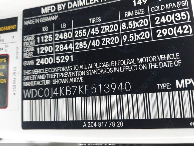 WDC0J4KB7KF513940 Mercedes-Benz m274