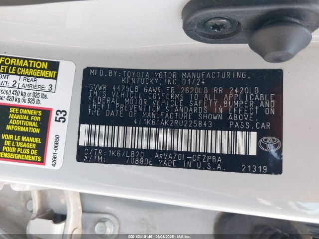 4T1K61AK2RU225843 Toyota CAMRY XSE