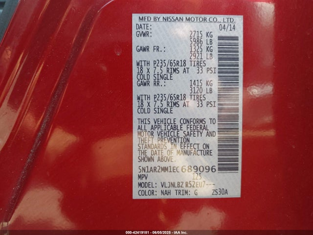Продажа на аукционе авто 2014 Nissan Pathfinder S, vin: 5N1AR2MM1EC689096, номер лота: 42419181