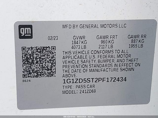 1G1ZD5ST2PF172434 Chevrolet Malibu Fwd 1lt