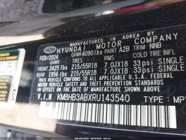 KM8HB3ABXRU143540 Hyundai Kona Sel
